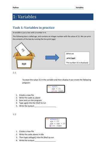 Variables practical for GCSE Computer Science using Python