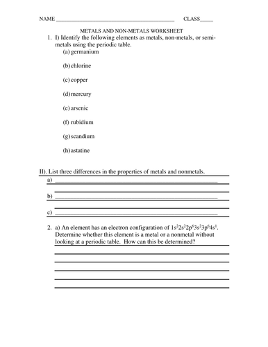 METALS AND NON METALS WORKSHEET WITH ANSWERS | Teaching Resources