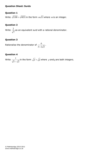 Surds Practice Question Sheet and Examination Style Questions