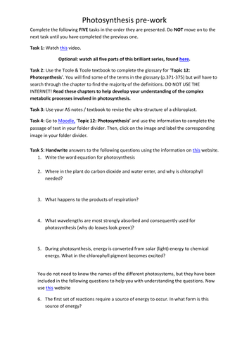 AQA A-level Biology (2016 specification). Section 5 Topic 11: Photosynthesis. Pre-work