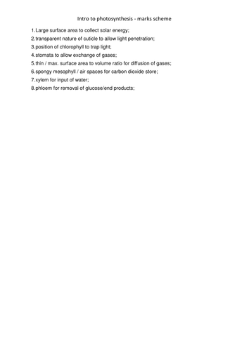 AQA A-level Biology (2016 specification). Section 5 Topic 11: Photosynthesis. Class notes