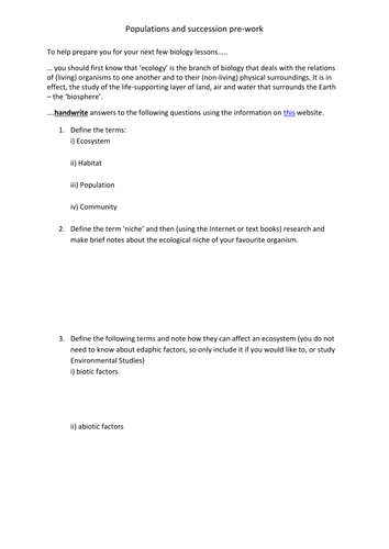 AQA A-level Biology (2016 specification). Section 7 Topic 19: Populations pre-work