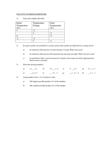 negative numbers homework tes