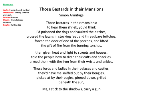 Poetry - Simon Armitage - Those Bastards in Their Mansions - AQA