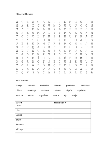 El Cuerpo Humano Word Search