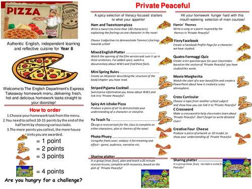 Private Peaceful Home Learning 'Takeaway Menu'