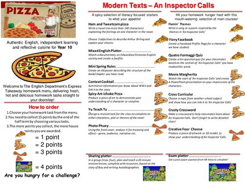 An Inspector Calls Home Learning Takeaway Menu