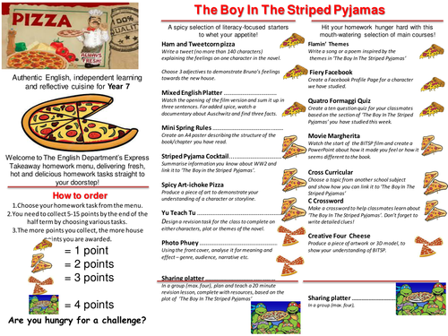 Boy in the Striped Pyjamas Home Learning Takeaway Menu