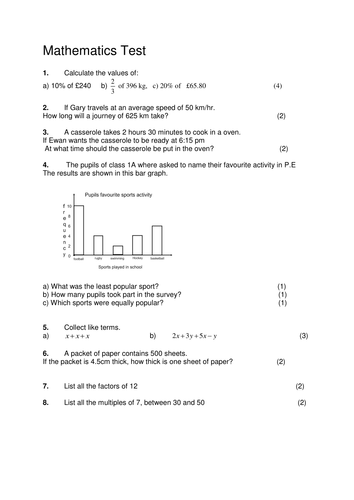 S1 Medium Ability Mathematics Mixed Topic Assessment