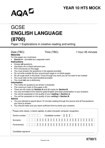 AQA GCSE English Language style paper 1 | Teaching Resources