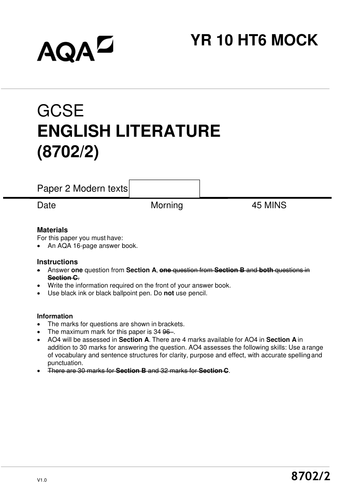 AQA GCSE English Literature style Blood Brothers assessment | Teaching ...
