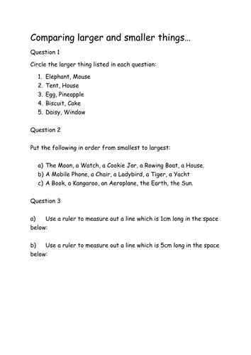 Measurement: Introduction to size comparisons and units