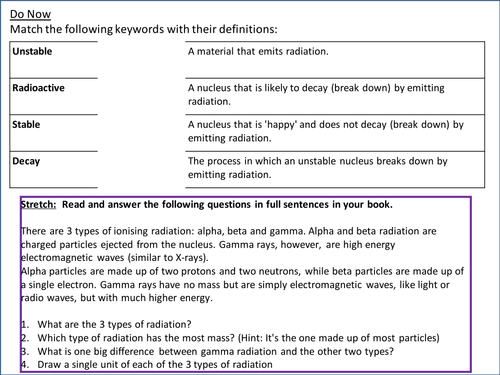 2 x nuclear radiation and radioactivity Do Now activities