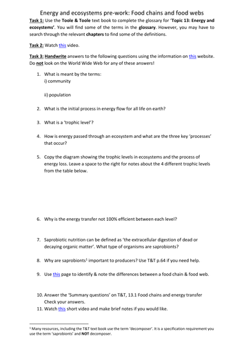 AQA A-level Biology (2016 specification). Section 5 Topic 13: Energy & ecosystems. pre-work