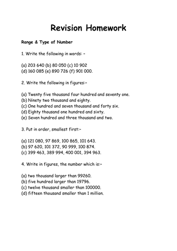 Primary 6/7/S1 Maths Revision Homework %s, ordering numbers, addition and subtraction of decimals