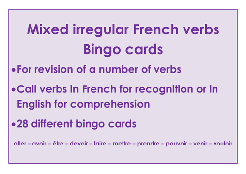 Mixed Irregular French verb bingo cards