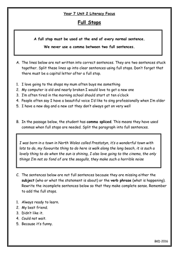 Full Stops Worksheet - When to use, Add them in, Comma Splicing, Incomplete sentences.