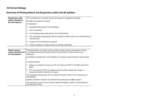 A2 Biology: Photosynthesis and Respiration revision