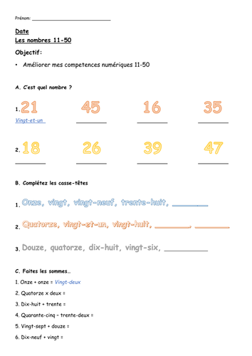 Numbers 11-50 Worksheet and Answers | Teaching Resources
