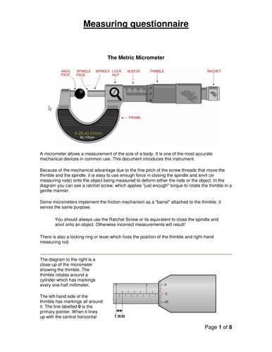 Micrometer and Vernier Calliper Measurement Worksheet