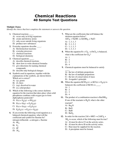 Chemical Reactions Multiple Choice Questions And Answers Pdf