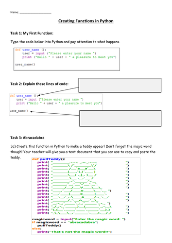 Functions in Python Task Sheet - Fun Activities | Teaching Resources