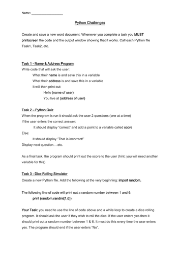 Basic Python Programming Challenges / Assessment | Teaching Resources