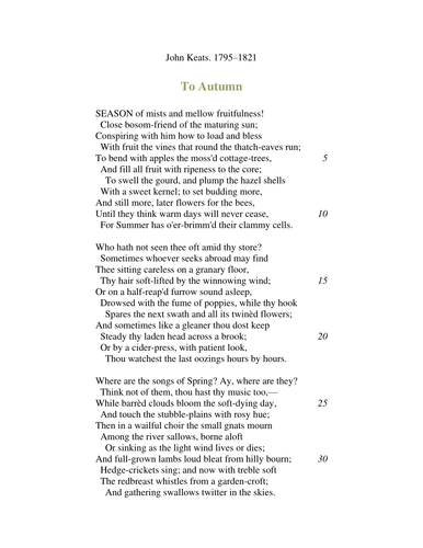 Descriptive Writing Autumn Ode To Autumn By John Keats Teaching Resources