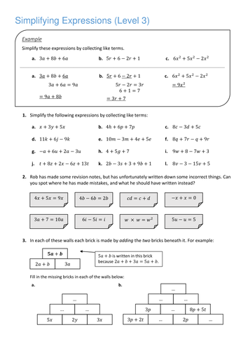 Simplifying Expressions (Level 3) | Teaching Resources