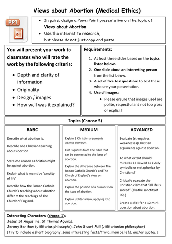 IT Suite Lesson / Homework Worksheet - 'Create a presentation - Christian Attitudes about Abortion'