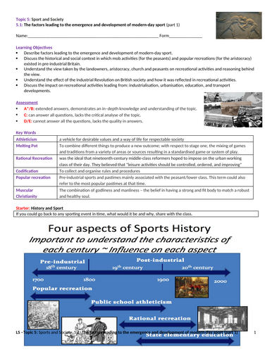 A-level PE EDEXCEL (Spec 2016) 5.1: Factors leading to emergence & development of modern sport_P1