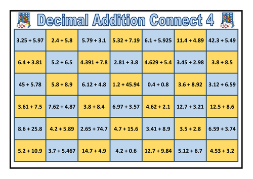 Decimal Addition Connect 4 Game