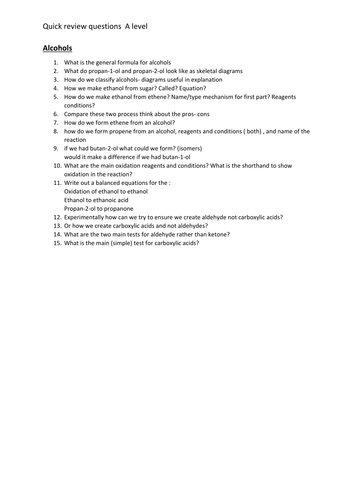 Series of 'Quick questions' on Organic sections of AS courses-lots of cross over AQA/OCR/EDEXCEL