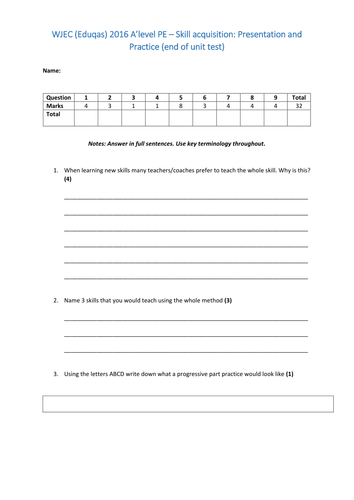 WJEC (Eduqas) 2016 A'level PE - Skill acquisition - Presentation and practice end of unit test