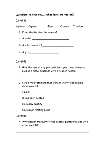 Properties of metals and non-metals worksheet