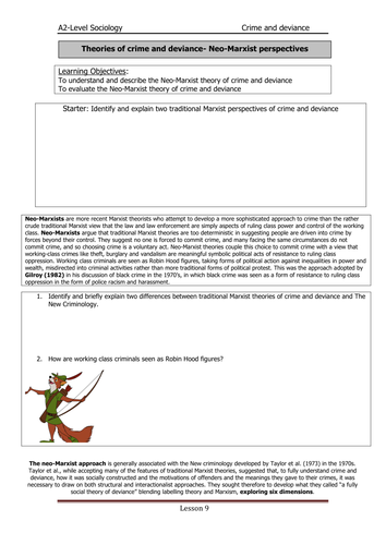 Lesson 9- Neo-Marxist theory- A Level sociology AQA, Crime and Deviance