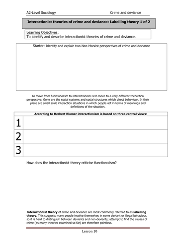 Lesson 10- Interactionist theories 1of2- A Level sociology AQA, Crime and Deviance