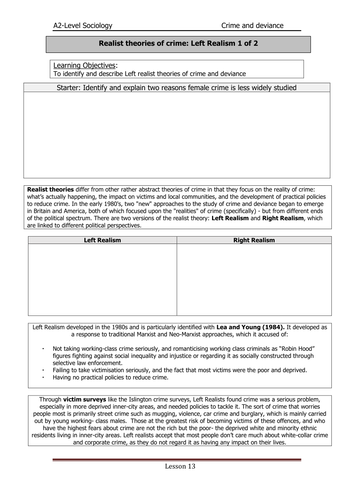 Lesson 13- Left Realism 1of2- A Level sociology AQA, Crime and Deviance