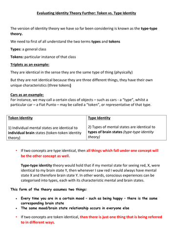 Introduction to Token and Type Identity Theory and Criticisms