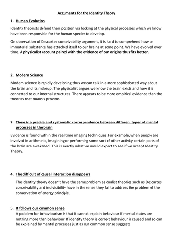 Arguments for Identity Theory Worksheet and Questions