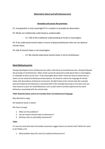 Behaviorism worksheets AQA Philosophy A2