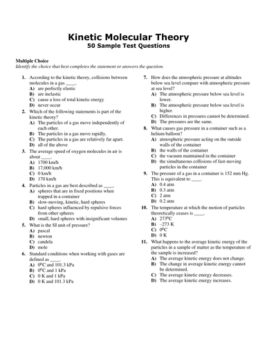 kinetic molecular theory homework answers