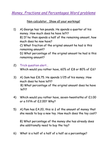 Fractions, and Percentages with Money word problems