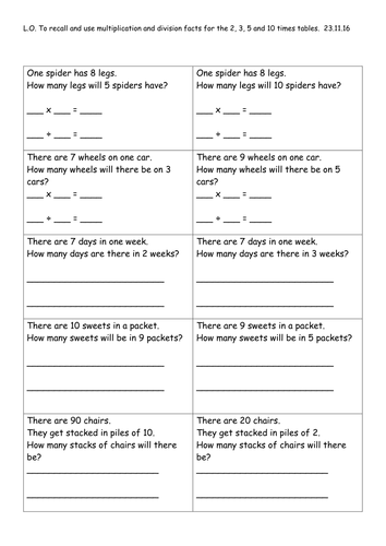 Year 2 - multiplication and division word problems, differentiated 3