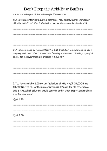 Buffer calculations Henderson Hasselbalch calculations | Teaching Resources