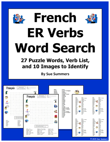 French ER Verbs Word Search Puzzle, Image IDs, and Verb Lists