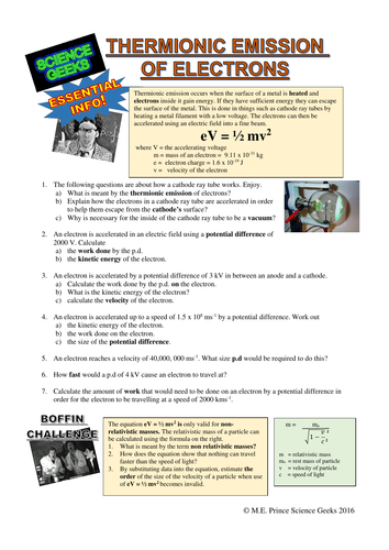 A LEVEL PHYSICS - PARTICLE ACCELERATORS? THERMIONIC EMISSION AND ACCELERATING ELECTRONS