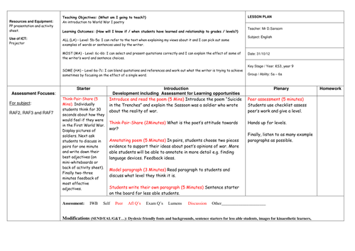 Suicide in the Trenches Poetry Lesson High Level KS3 or GCSE OFSTED ...