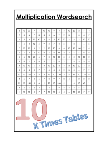Multiplication Wordsearch 10X tables | Teaching Resources