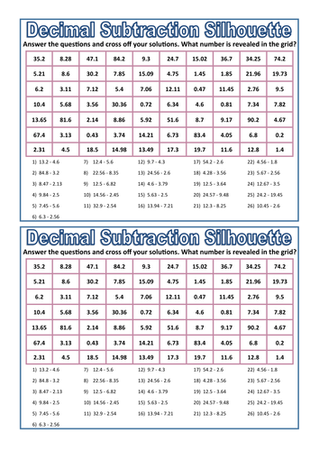 Decimal Subtraction Silhouette Activity